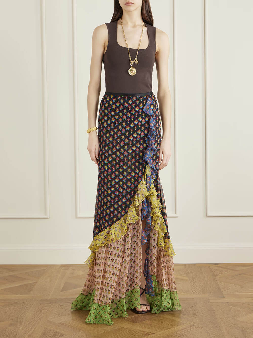 Delicate Ruffled Tiered Printed Chiffon Maxi Skirt