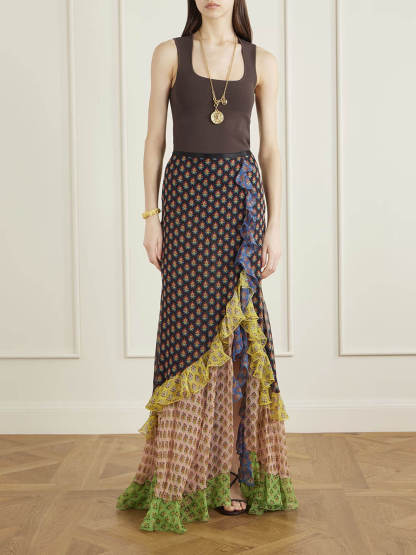 Delicate Ruffled Tiered Printed Chiffon Maxi Skirt