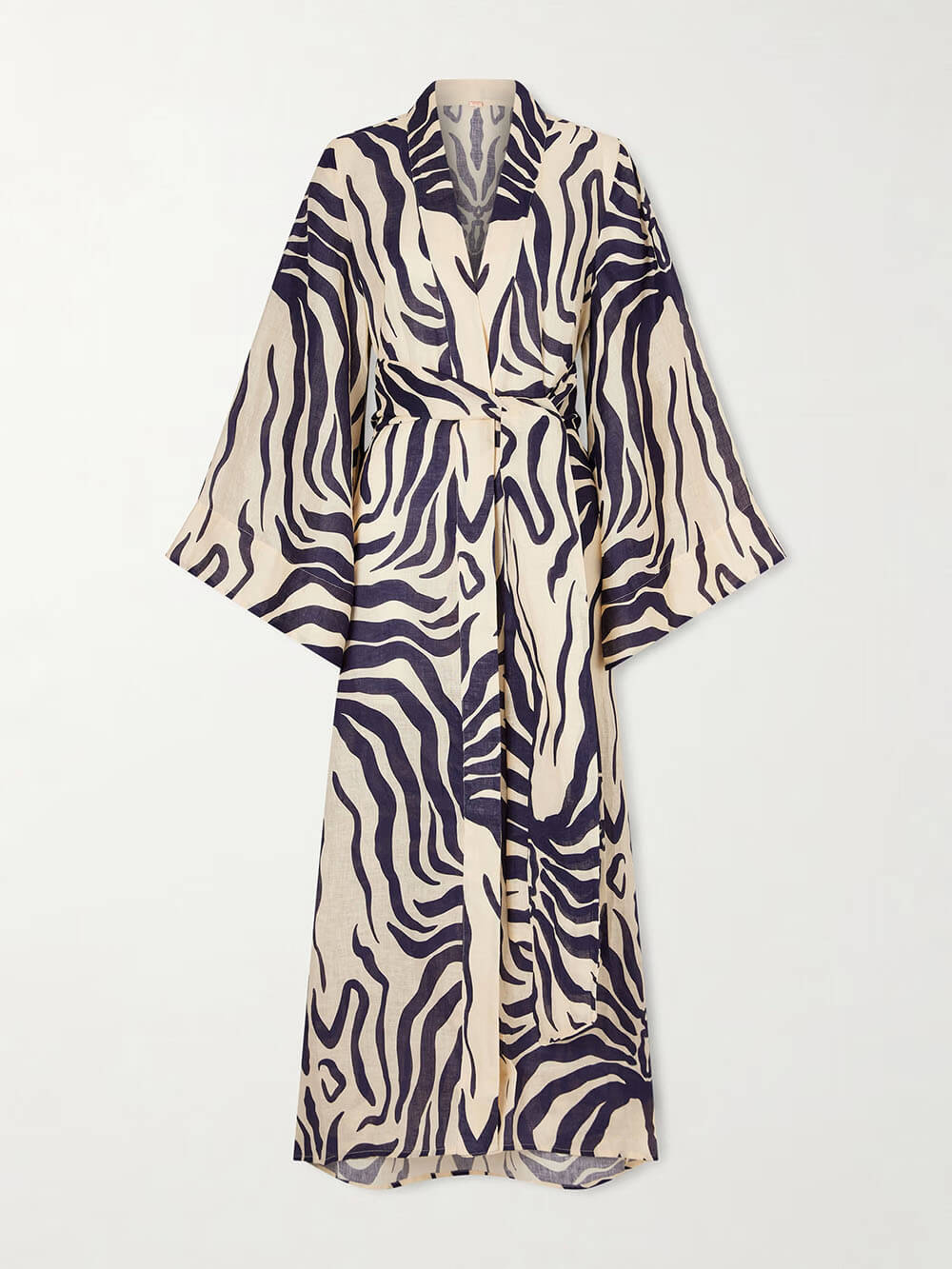 Casual Vacation Tie-Waist Zebra Print Linen Kimono Dress