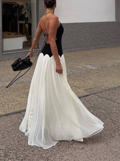 Elegant Color-Block Spaghetti Strap Backless Maxi Dress