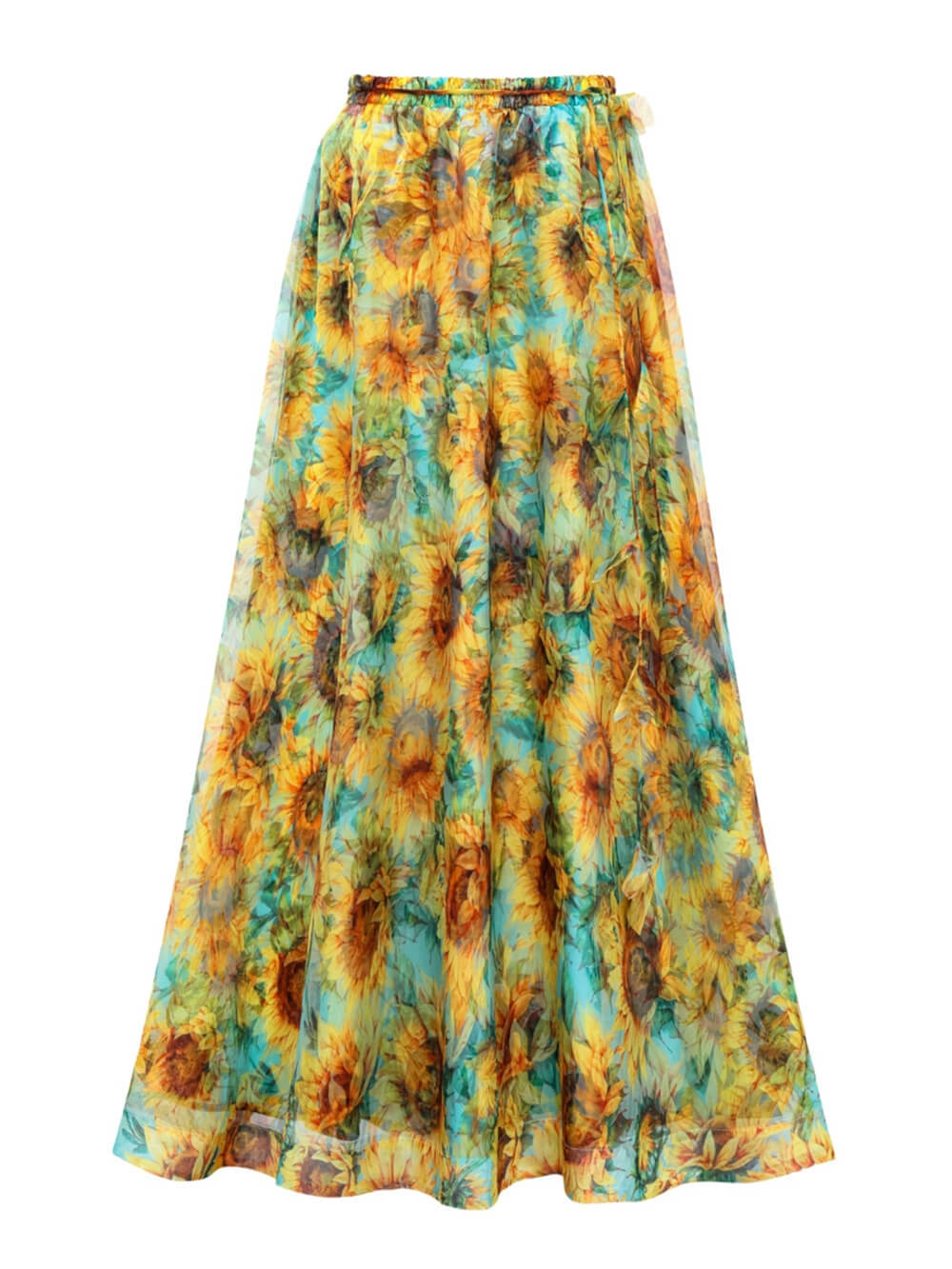 Sunflower Print Tie-Waist One-Piece Swimsuit Maxi Skirt Set