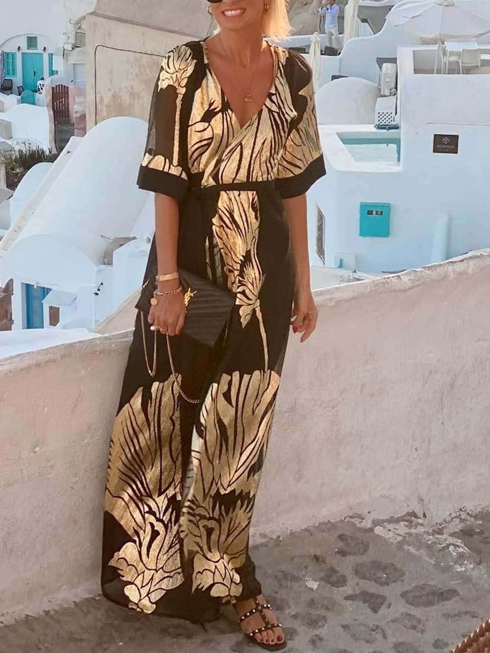 Unique Casual Printed V-Neck Loose Maxi Dress