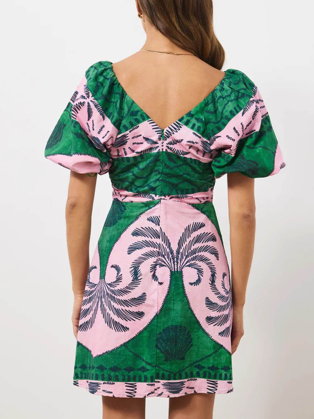 Unique Palm Print Puff Sleeve Mini Dress