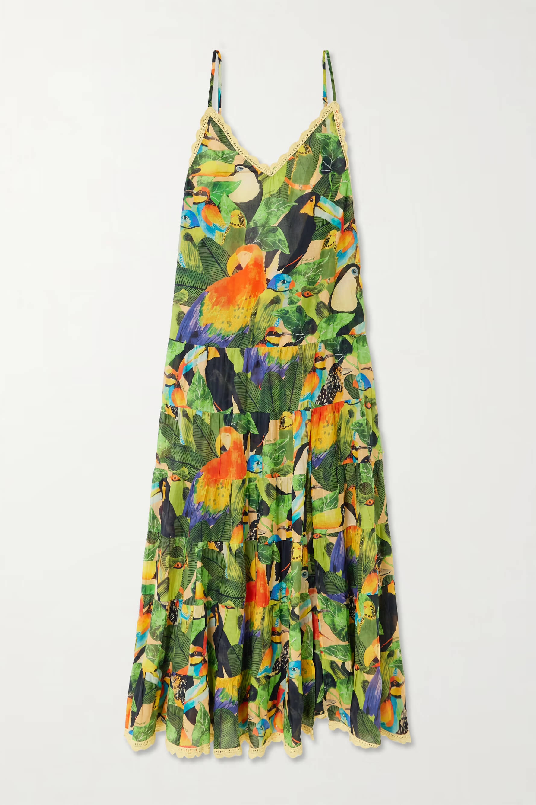 Retro Unique Bird and Leaf Pattern Print Lace Trim Maxi Dress