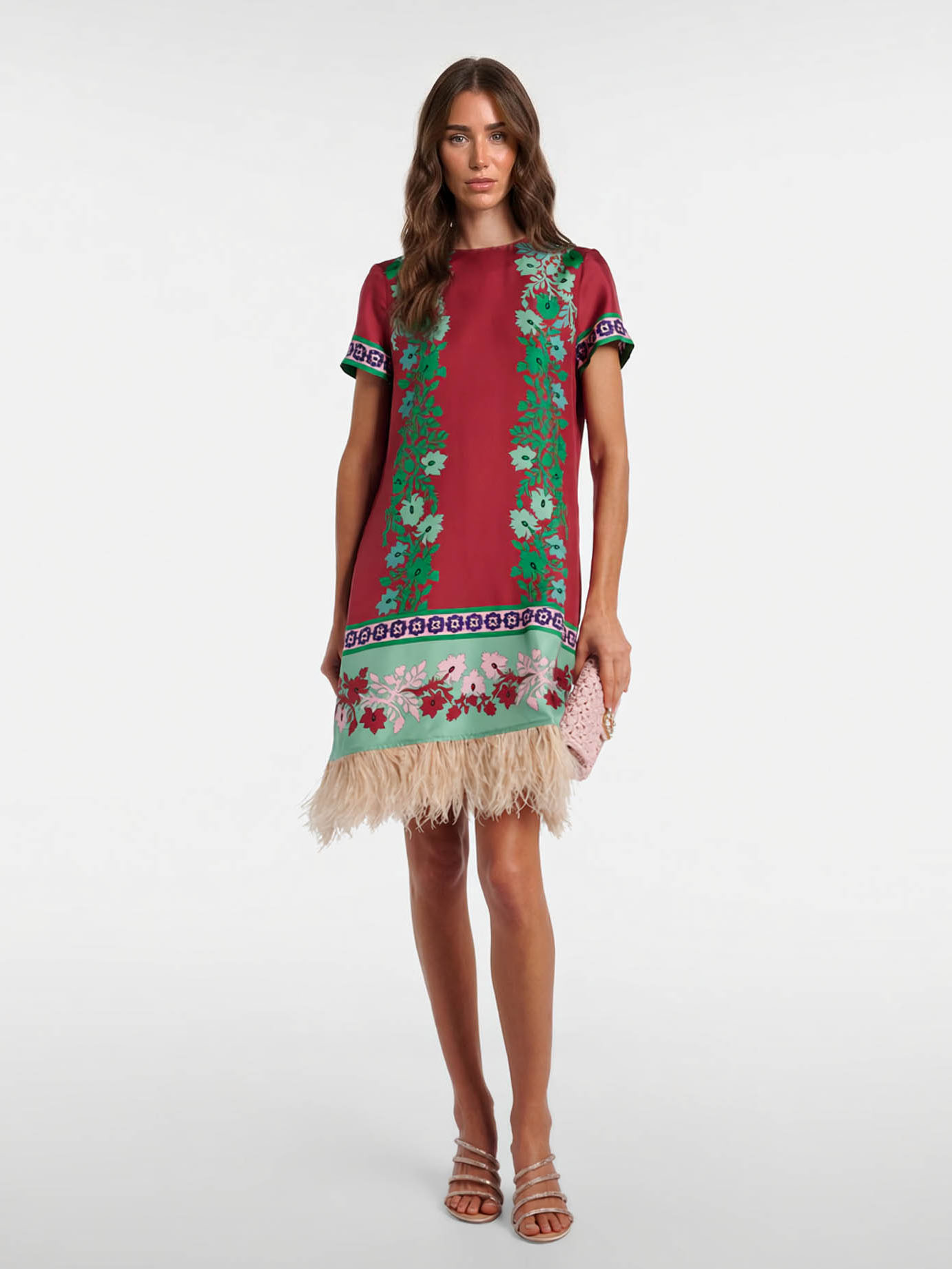 Retro Floral Print Feather-Hem Mini Dress