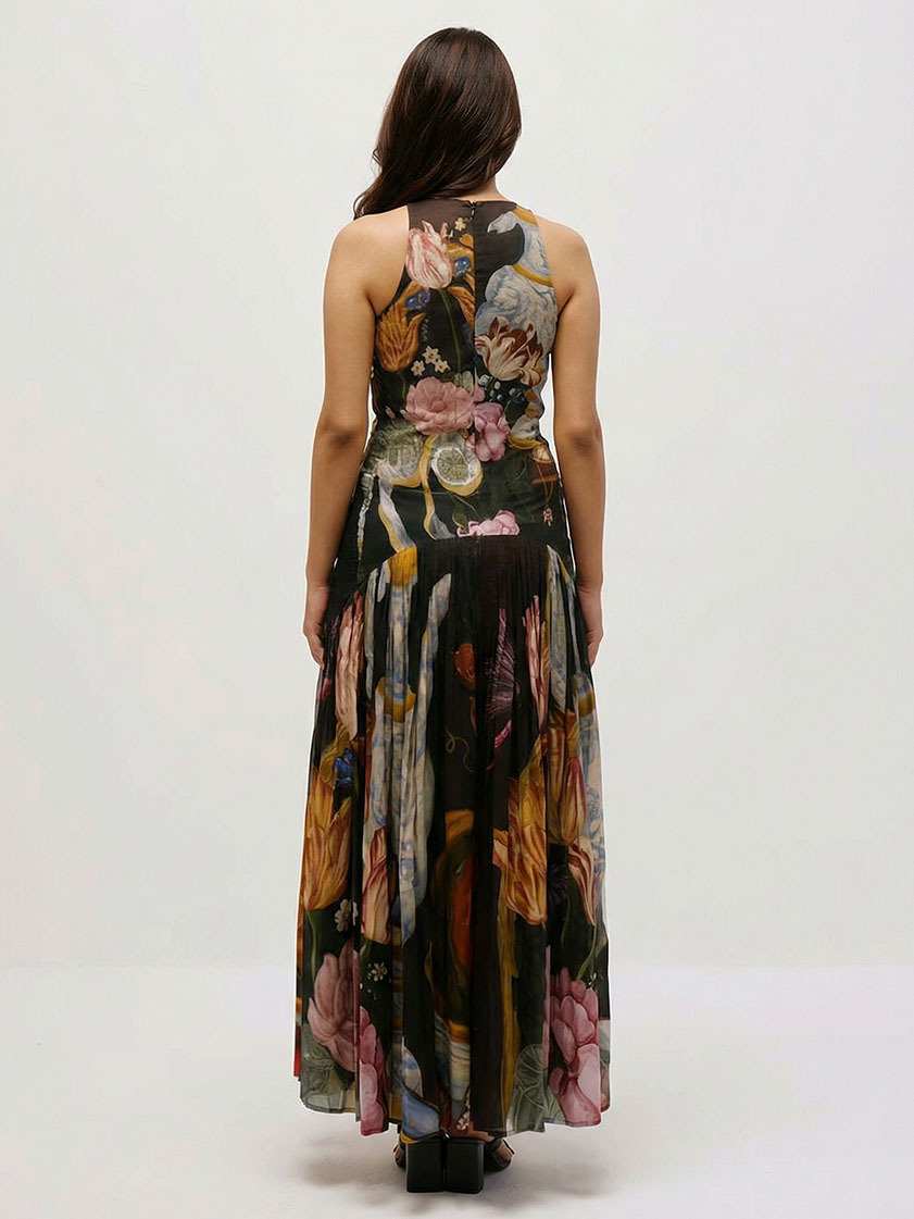 Exquisite Botanical Print Sleeveless Pleated Maxi Dress