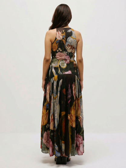 Exquisite Botanical Print Sleeveless Pleated Maxi Dress