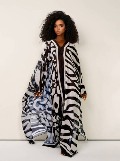 Casual Mottled Print Relaxed Kimono Maxi Dress