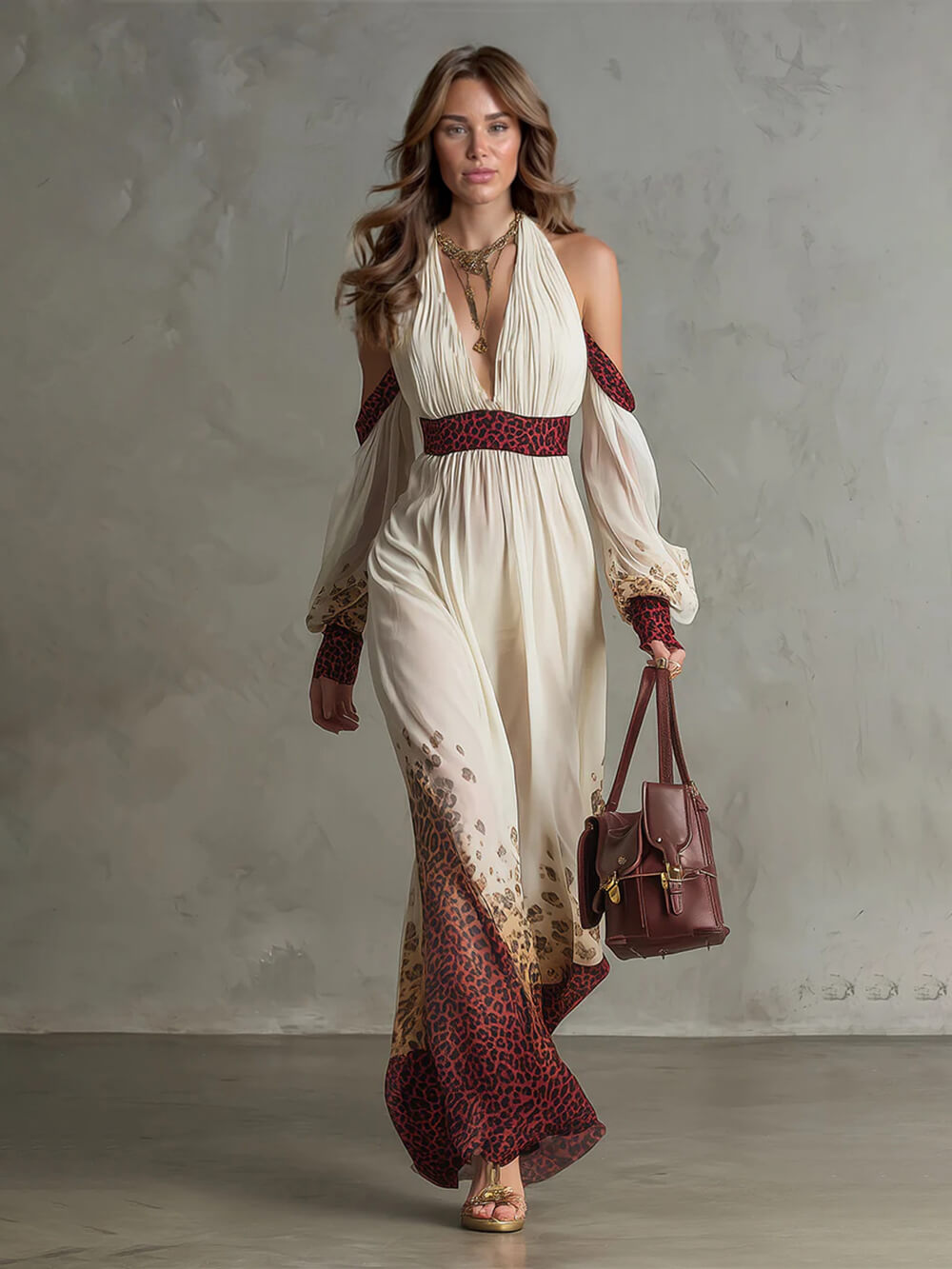 Exquisite Vacation-style Leopard Print Chiffon Off-The-Shoulder Maxi Dress