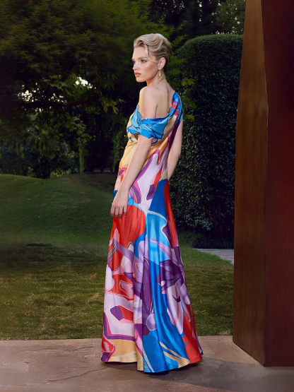 Modern Abstract Print One-Shoulder Side-Slit Maxi Dress