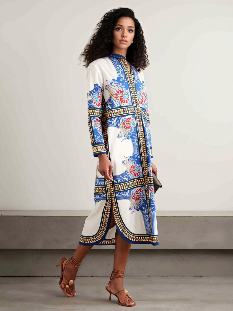 Elegant Bohemian Print Shirt Midi Dress