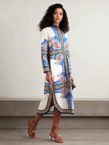 Elegant Bohemian Print Shirt Midi Dress