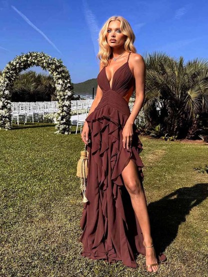 Elegant Deep V-neck Ruffle Maxi Dress