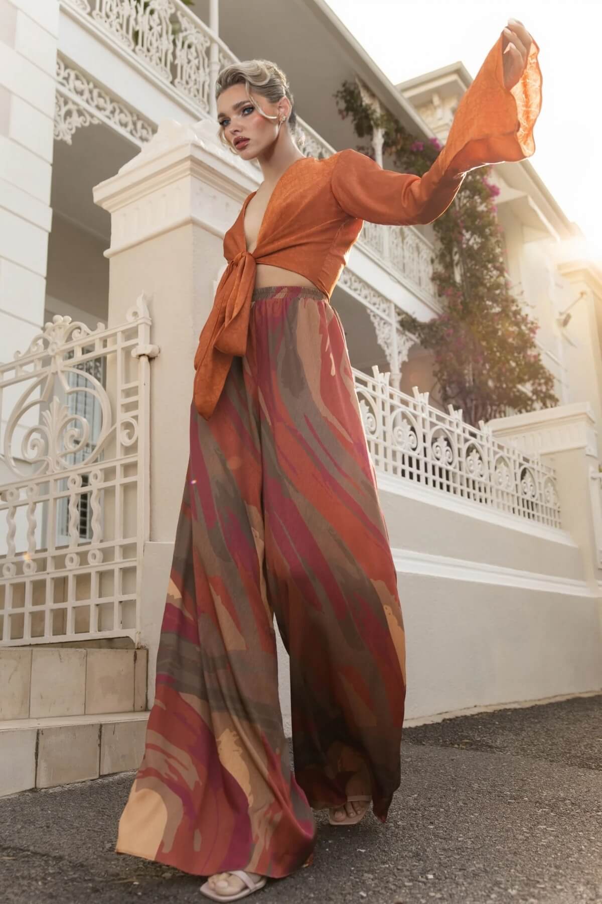 Casual Bell-Sleeve Wrap-Up Tie-Down Top