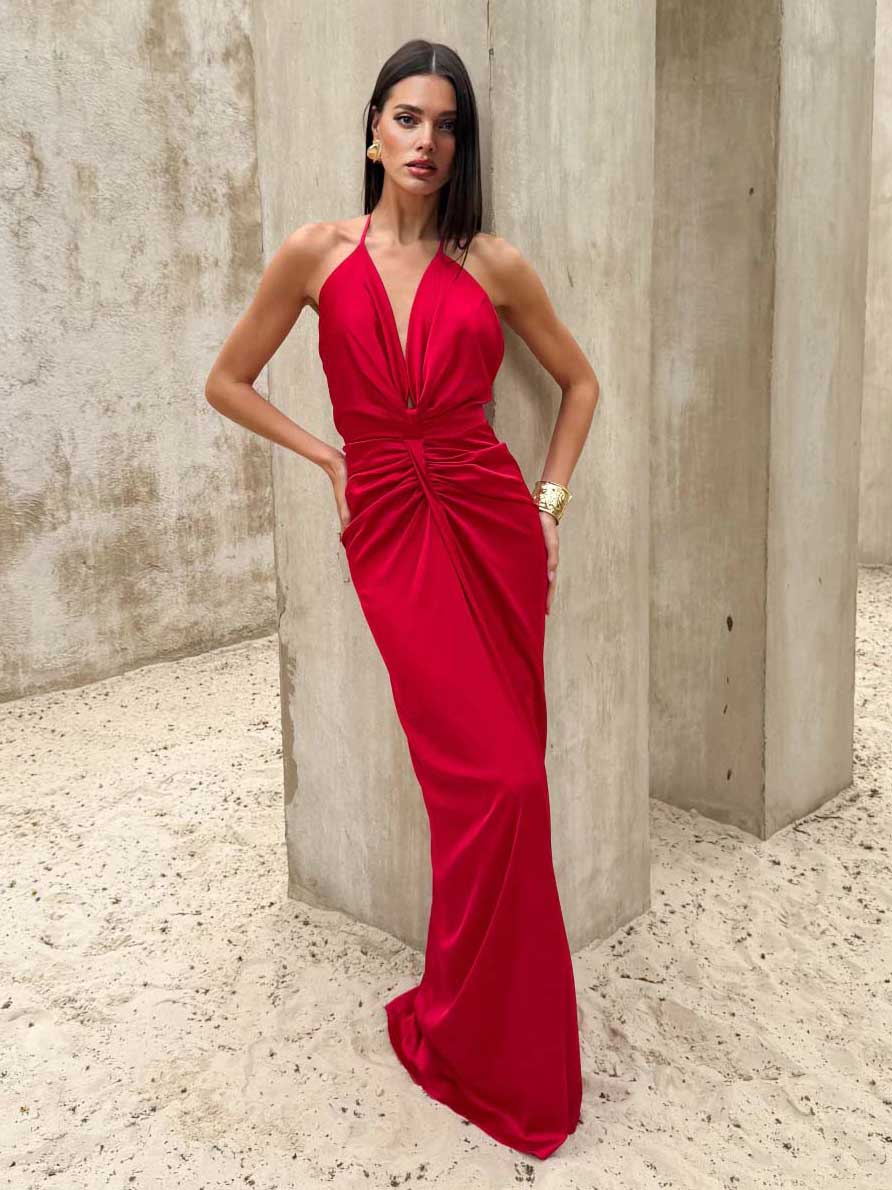 Elegant Grecian-Style Halter Deep V Maxi Dress