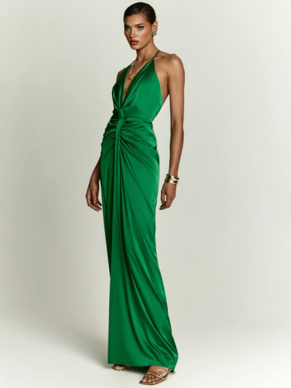 Elegant Grecian-Style Halter Deep V Maxi Dress