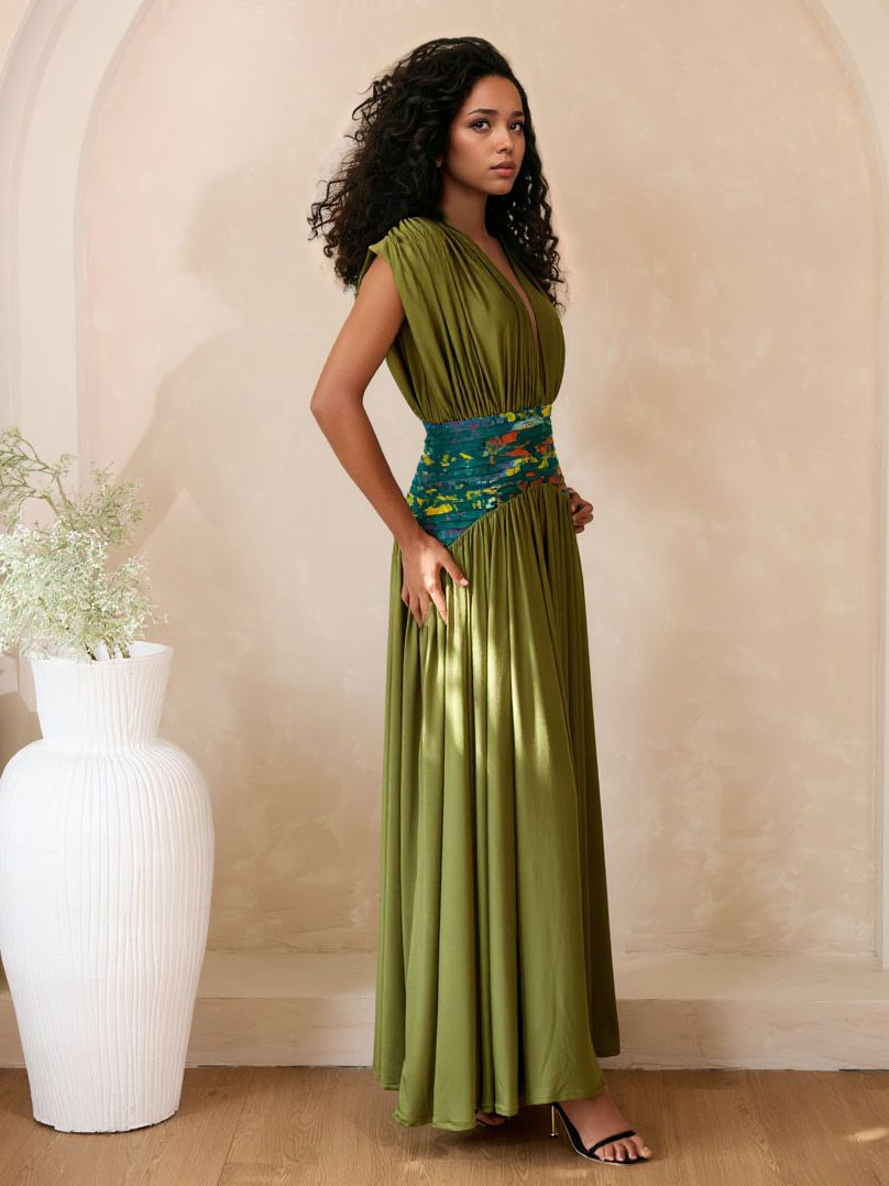 Elegant Deep V-neck Printed Pleated Maxi Dress