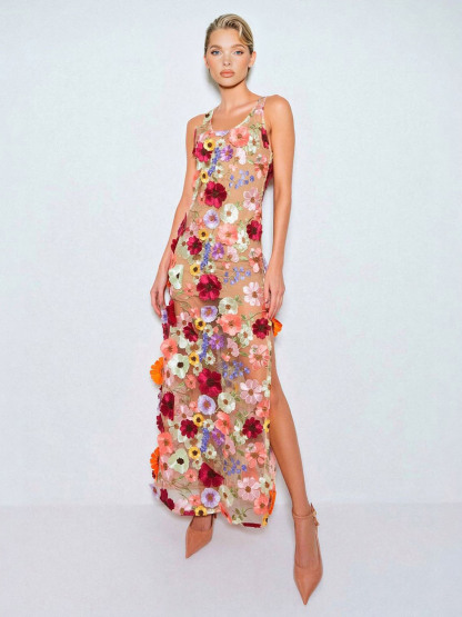 Elegant Floral Embroidered Mesh Sleeveless Maxi Dress