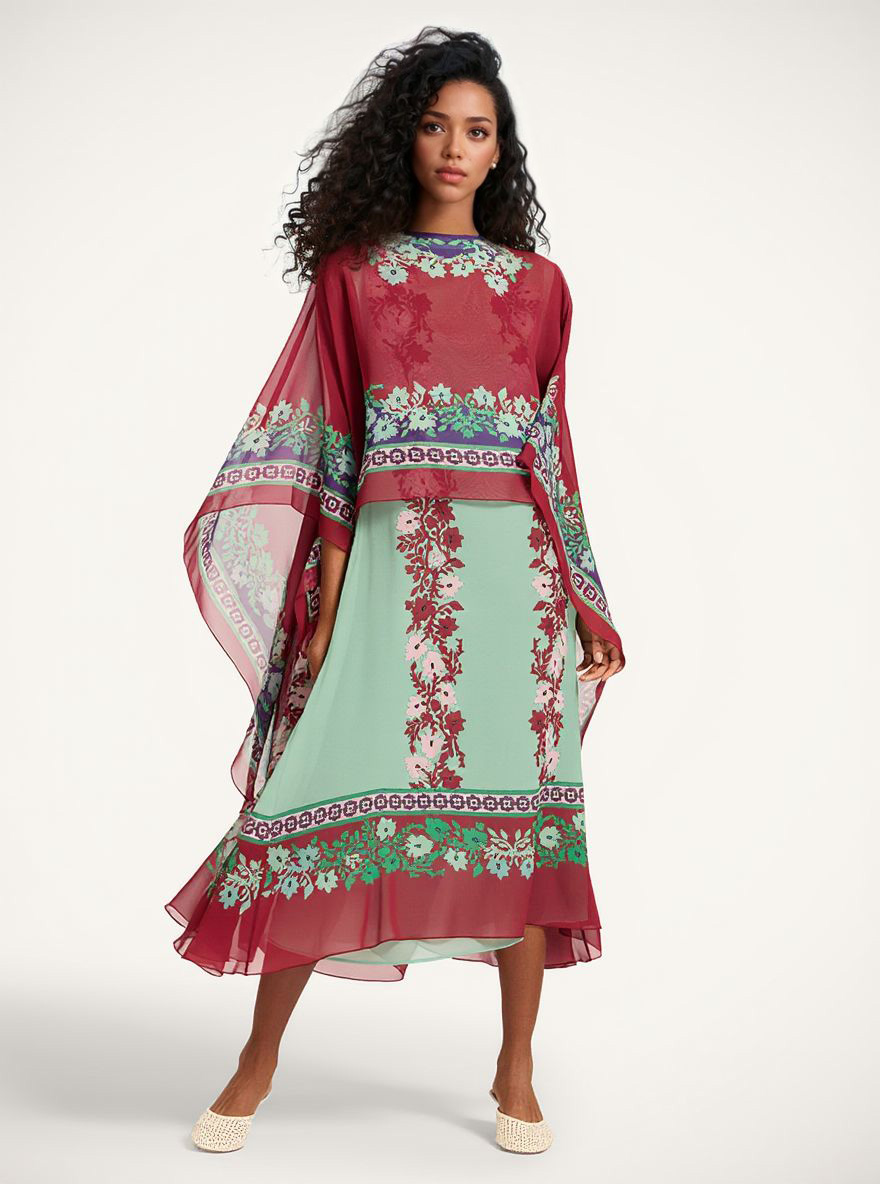 Retro Bohemian Style Floral Print Chiffon Shawl And Midi Dress
