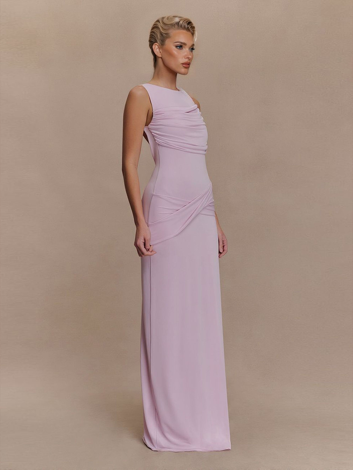 Elegant Draped Sleeveless Evening Maxi Dress