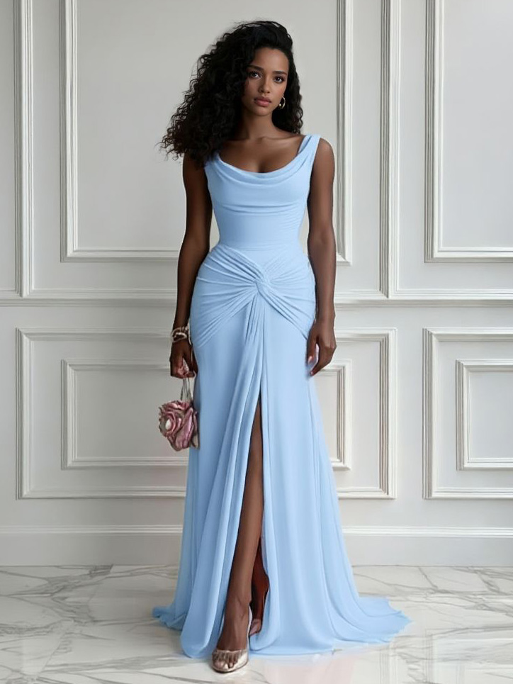 Elegant Pleated Twist-Front High-Slit Maxi Dress