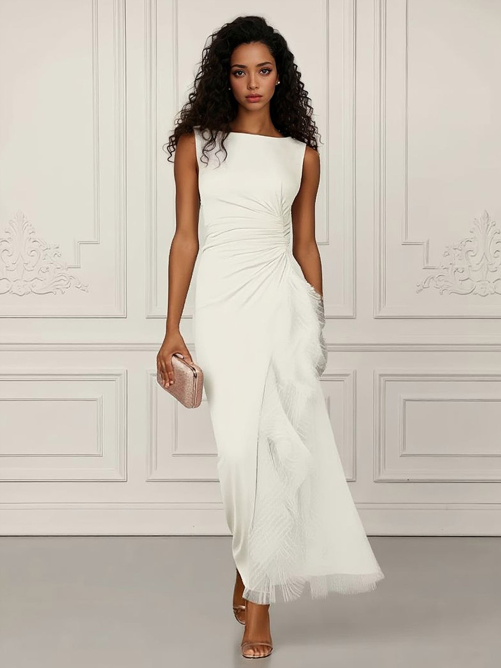 Elegant Sleeveless Asymmetrical Tulle Ruffle Maxi Dress