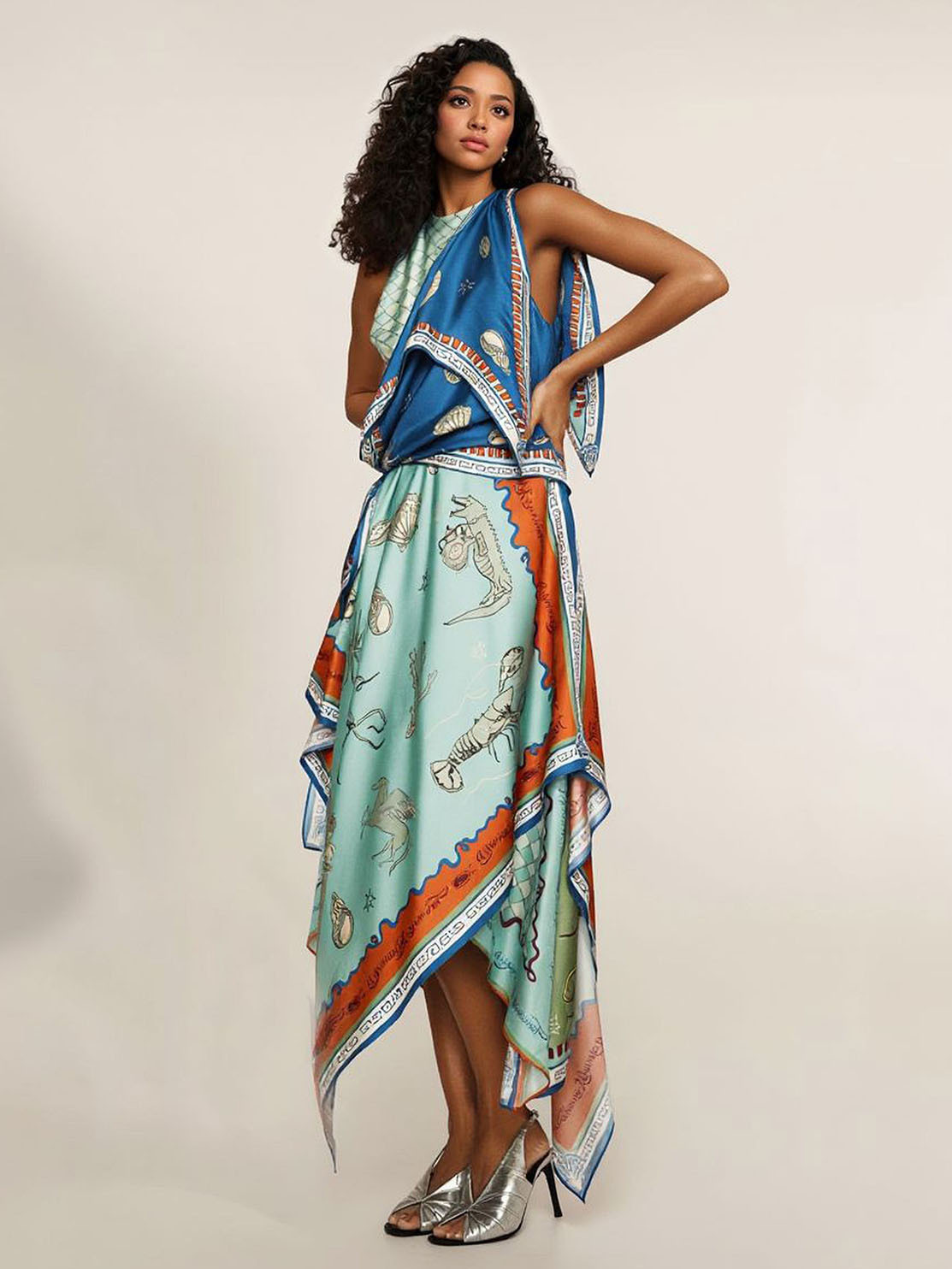 Unique Exquisite Satin Deep Sea Print Scarf Midi Dress