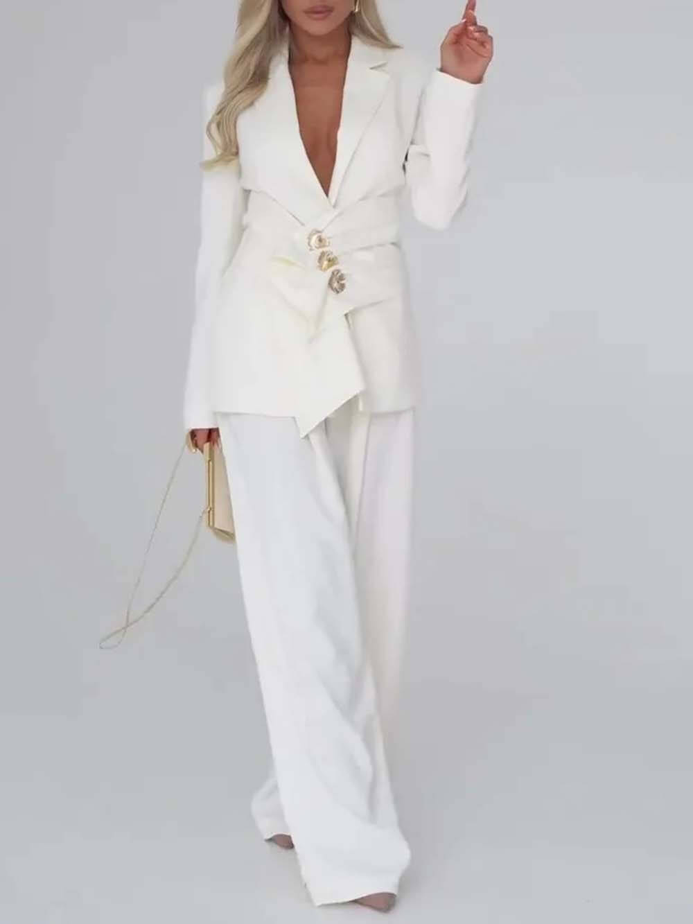 Unique Casual Pocket Blazer Wide-Leg Pants