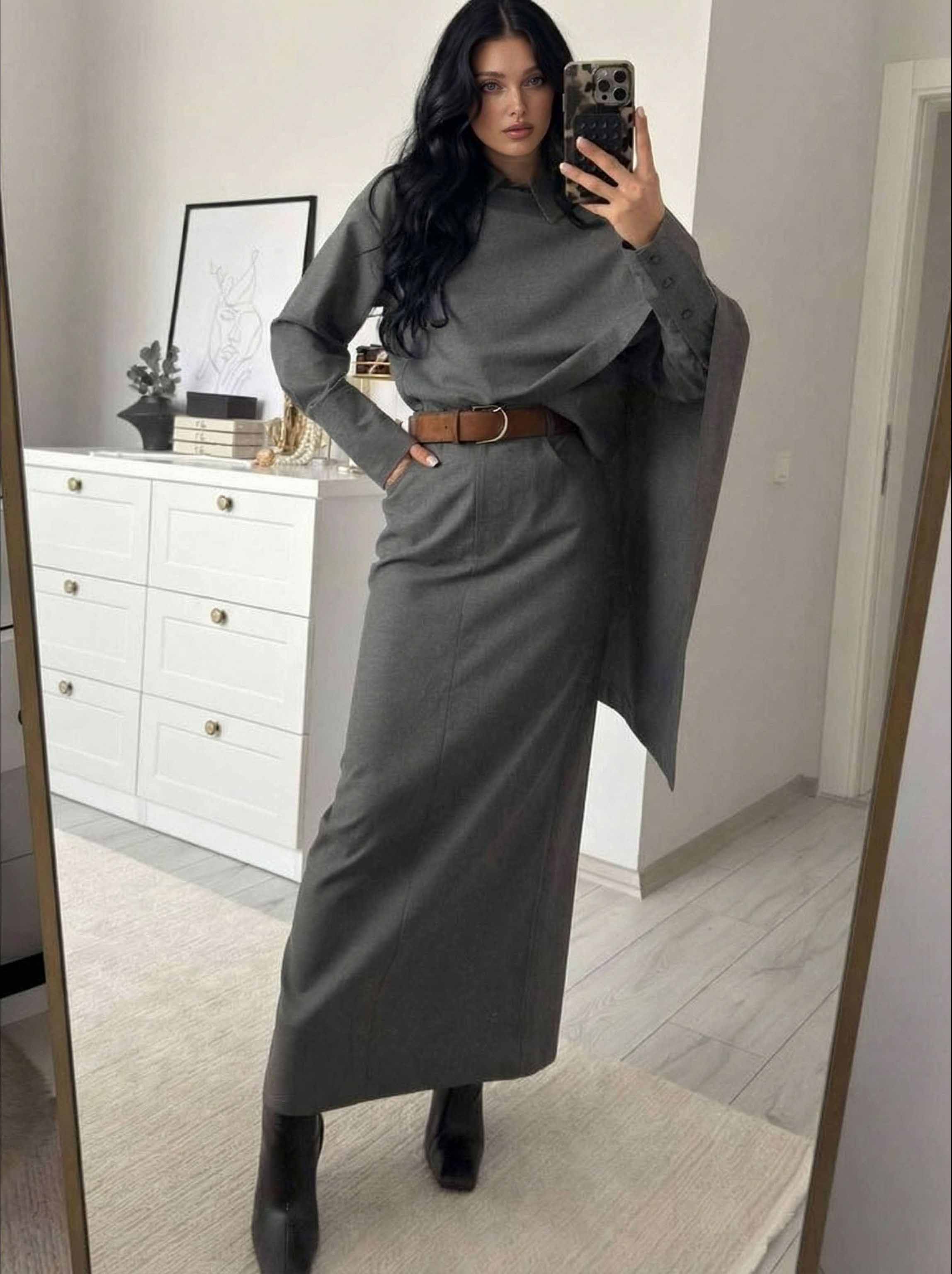 Elegant Draped Shawl Shirt & Wide-Leg Pants Two-Piece Set