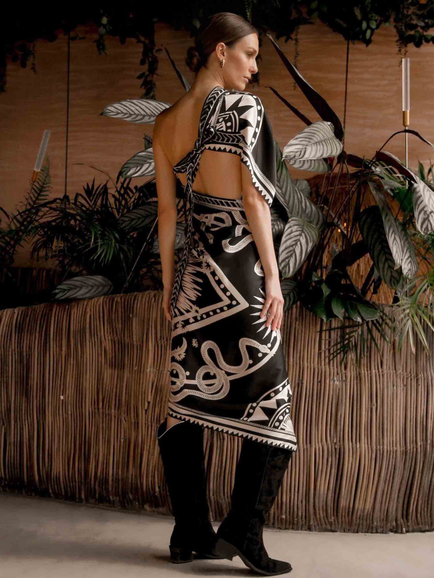 Unique Satin Print Tie-waist Midi Dress