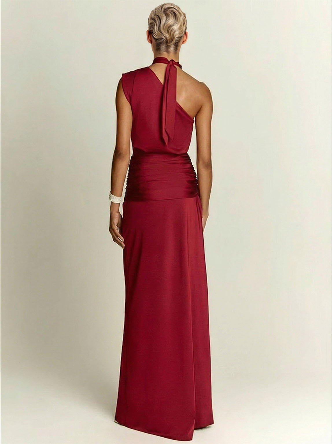Elegant Asymmetrical Neckline Pleated Maxi Dress