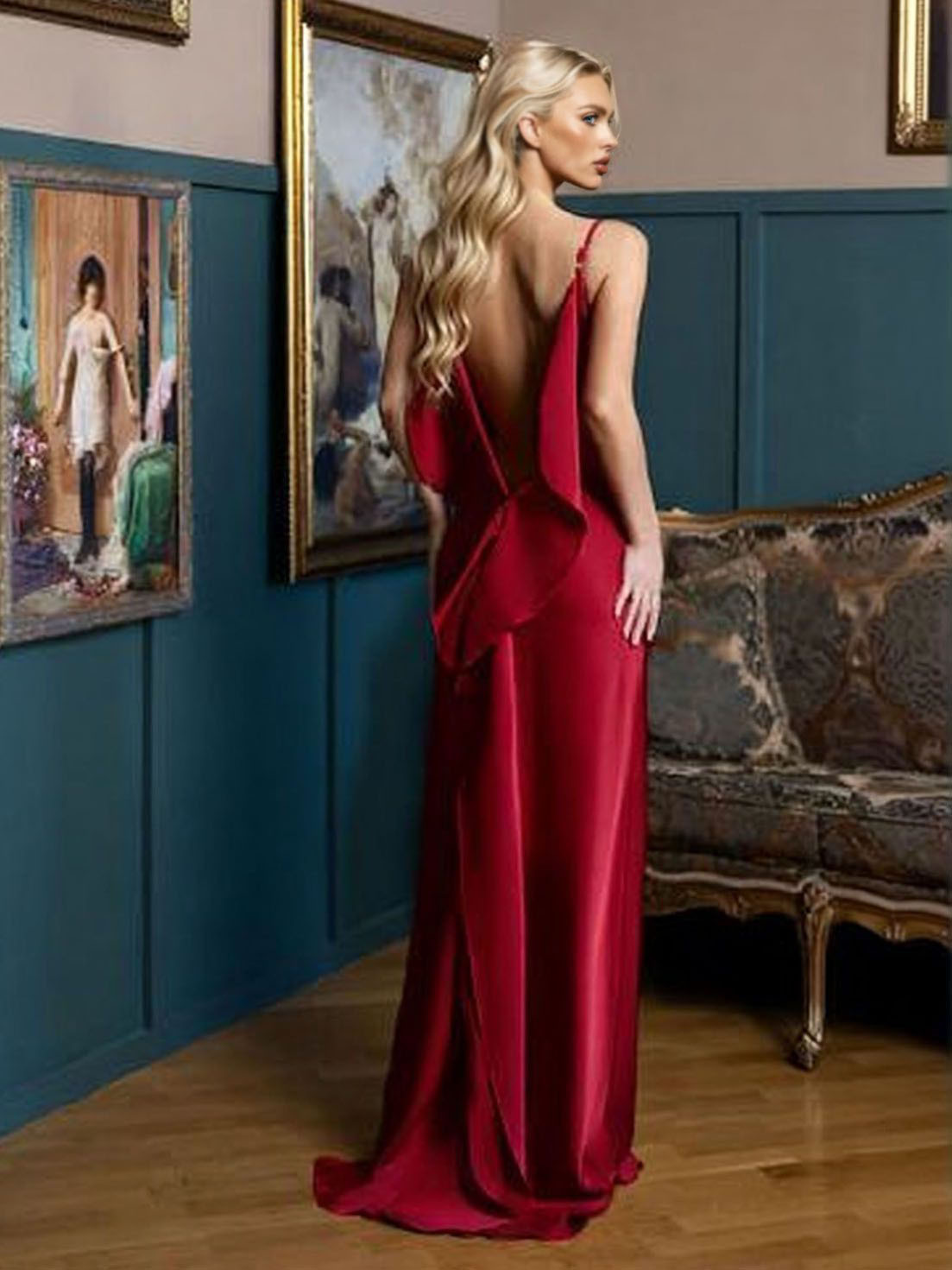 Sexy Backless Satin Side-Slit Maxi Dress