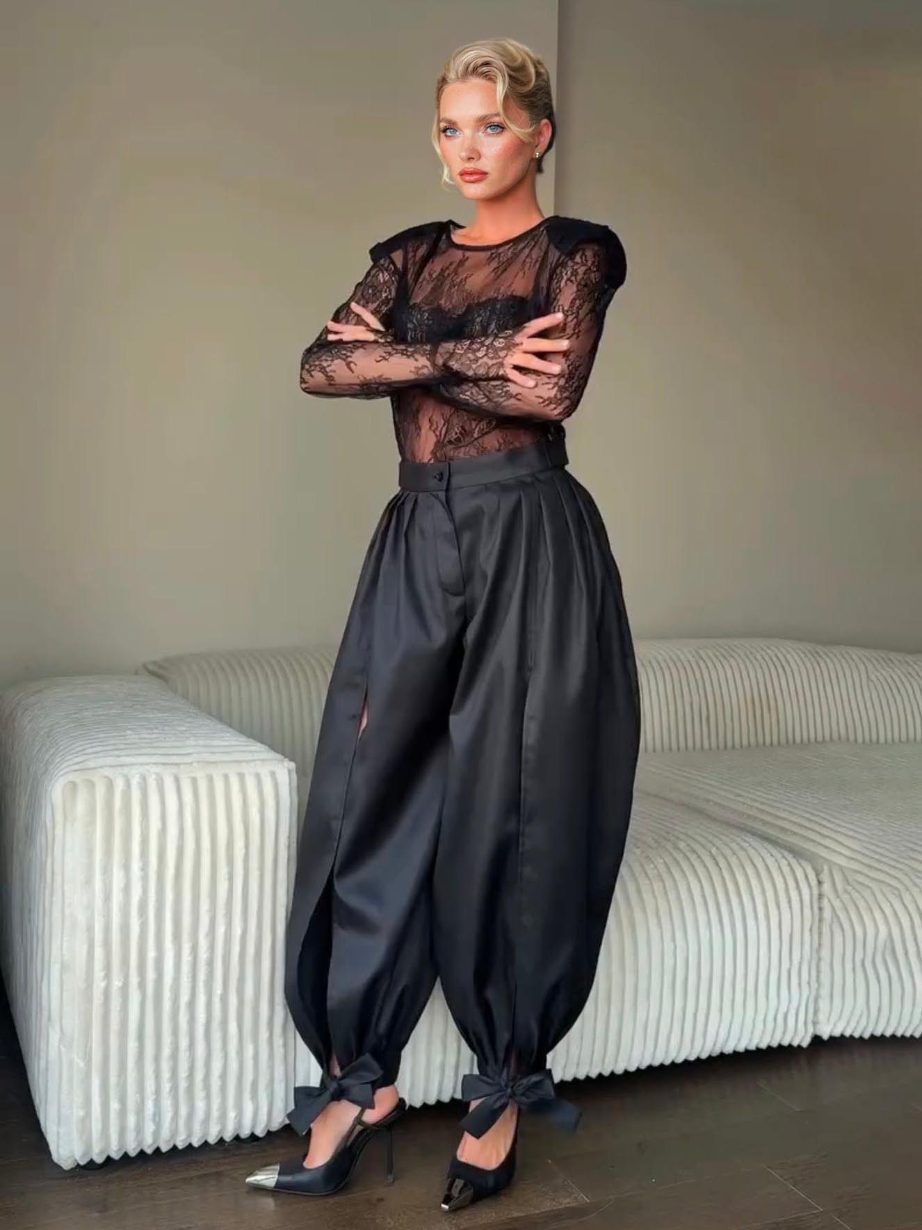 Sexy Lace Top & High-Waisted Drawstring Lantern Pants Set