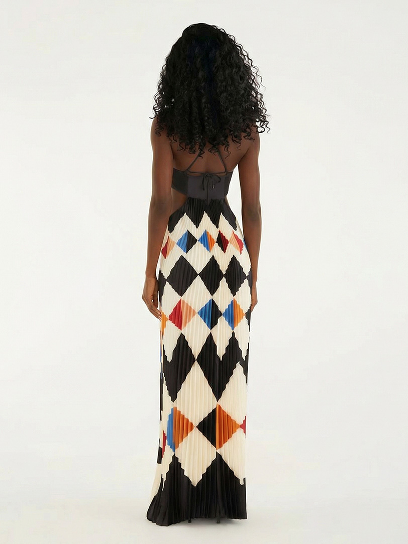 Elegant Strapless Geometric Pleated Maxi Dress