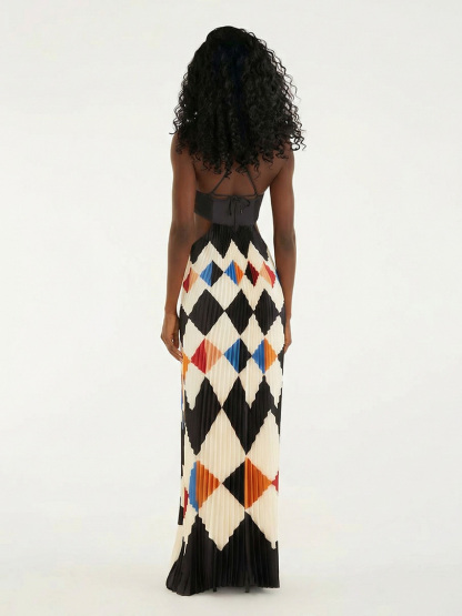 Elegant Strapless Geometric Pleated Maxi Dress