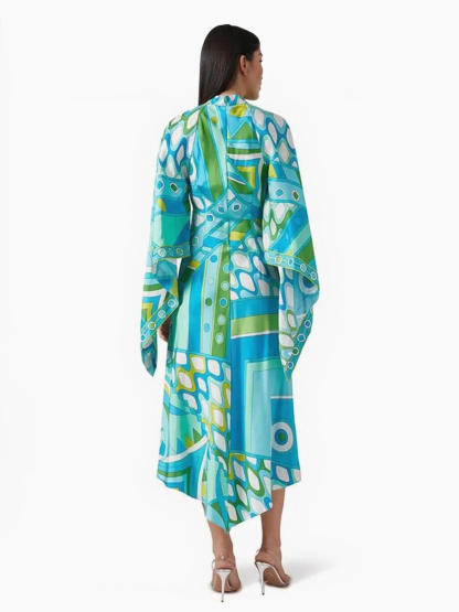 Elegant Button-Up Stand Collar Printed Loose Flared Asymmetrical Midi Dress