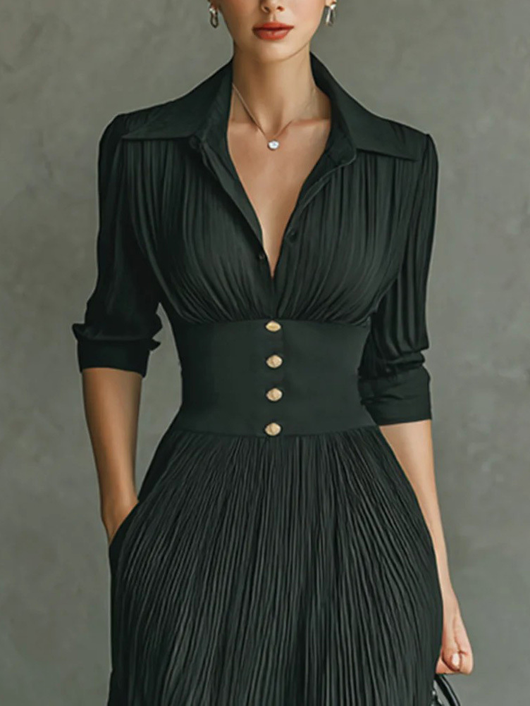 Elegant Pleated Lapel Long-sleeved Maxi Dress