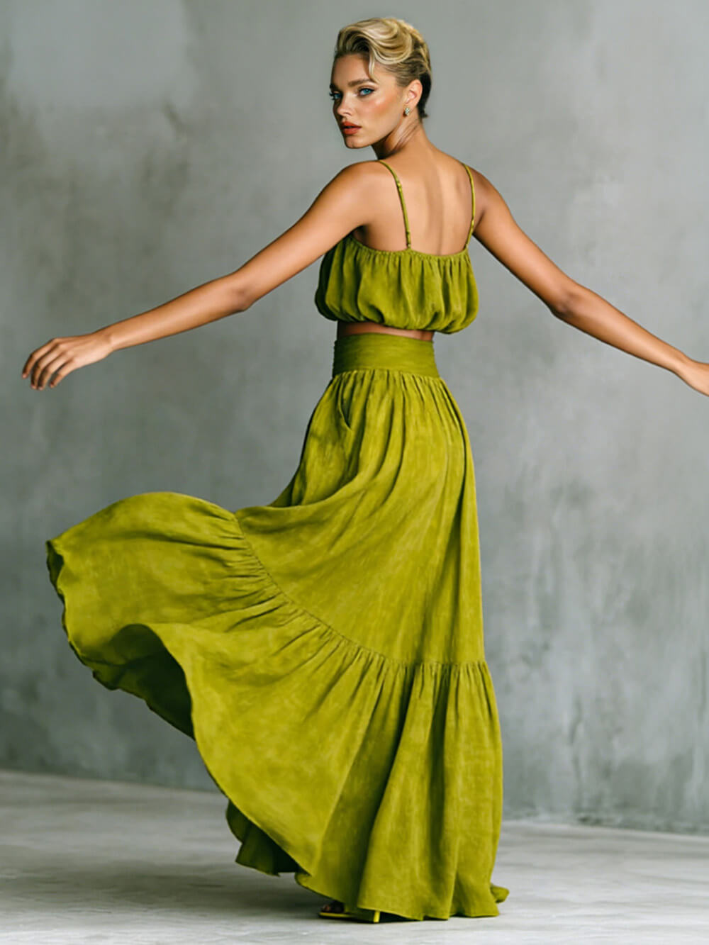 Fashion Linen Blend Bubble Slip Tank and High Rise Pocket A-line Maxi Skirt Set