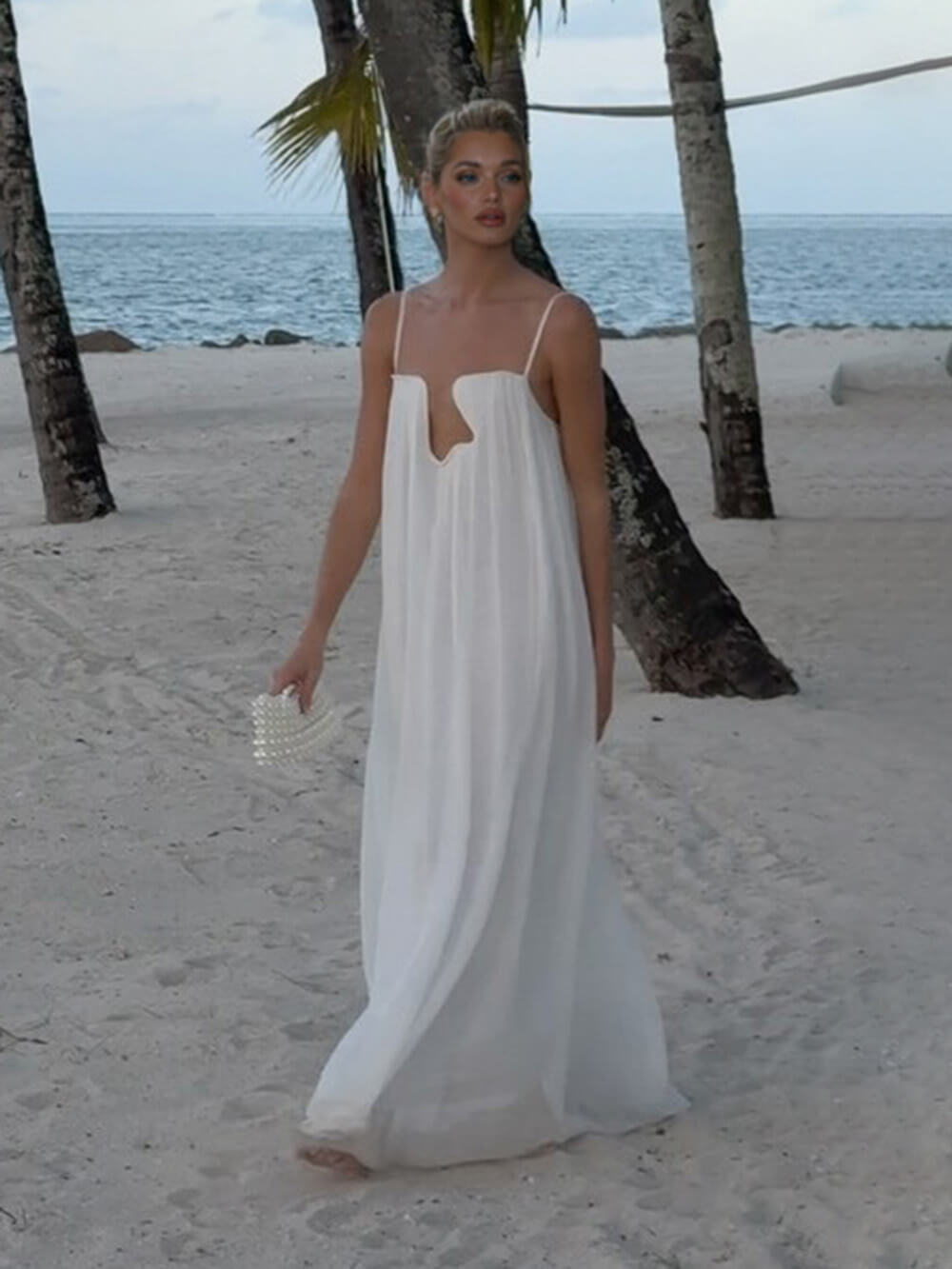 Fashion Flowy Chiffon Plunging Chest Cutout Slip Loose Maxi Dress