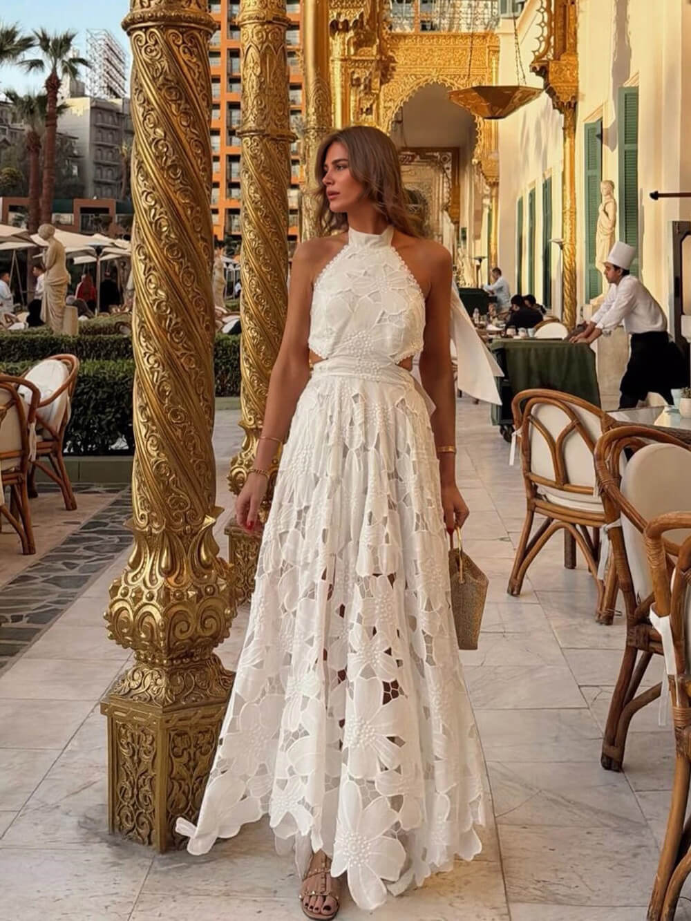 Exquisite Lace Crochet Backless Tie Maxi Dress