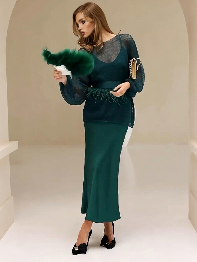 Elegant Openwork Knit Top And Satin Dress Two-piece Set