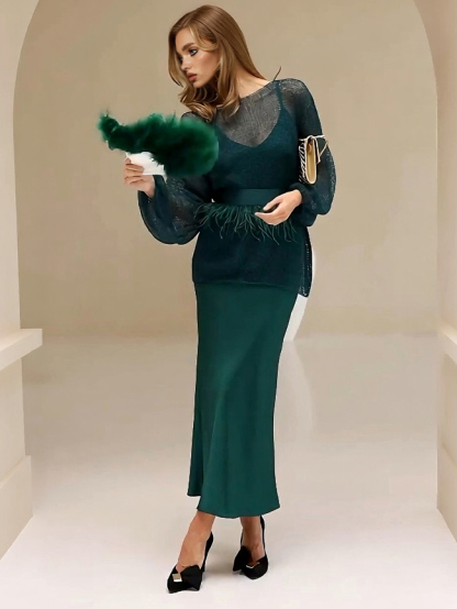 Elegant Openwork Knit Top And Satin Dress Two-piece Set