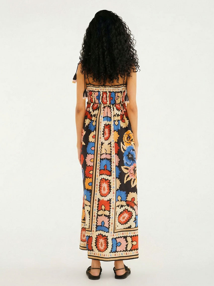 Bohemian Floral Print Smocked Spaghetti Strap Maxi Dress