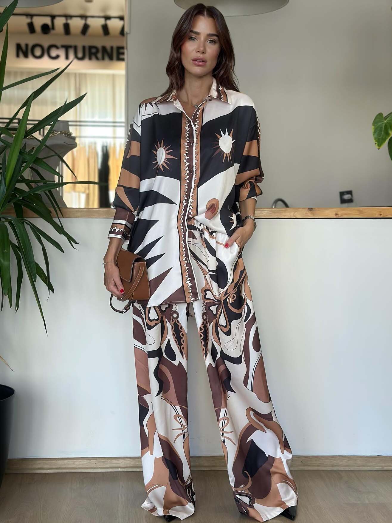 Unique Abstract Print Wide-Leg Satin Pants