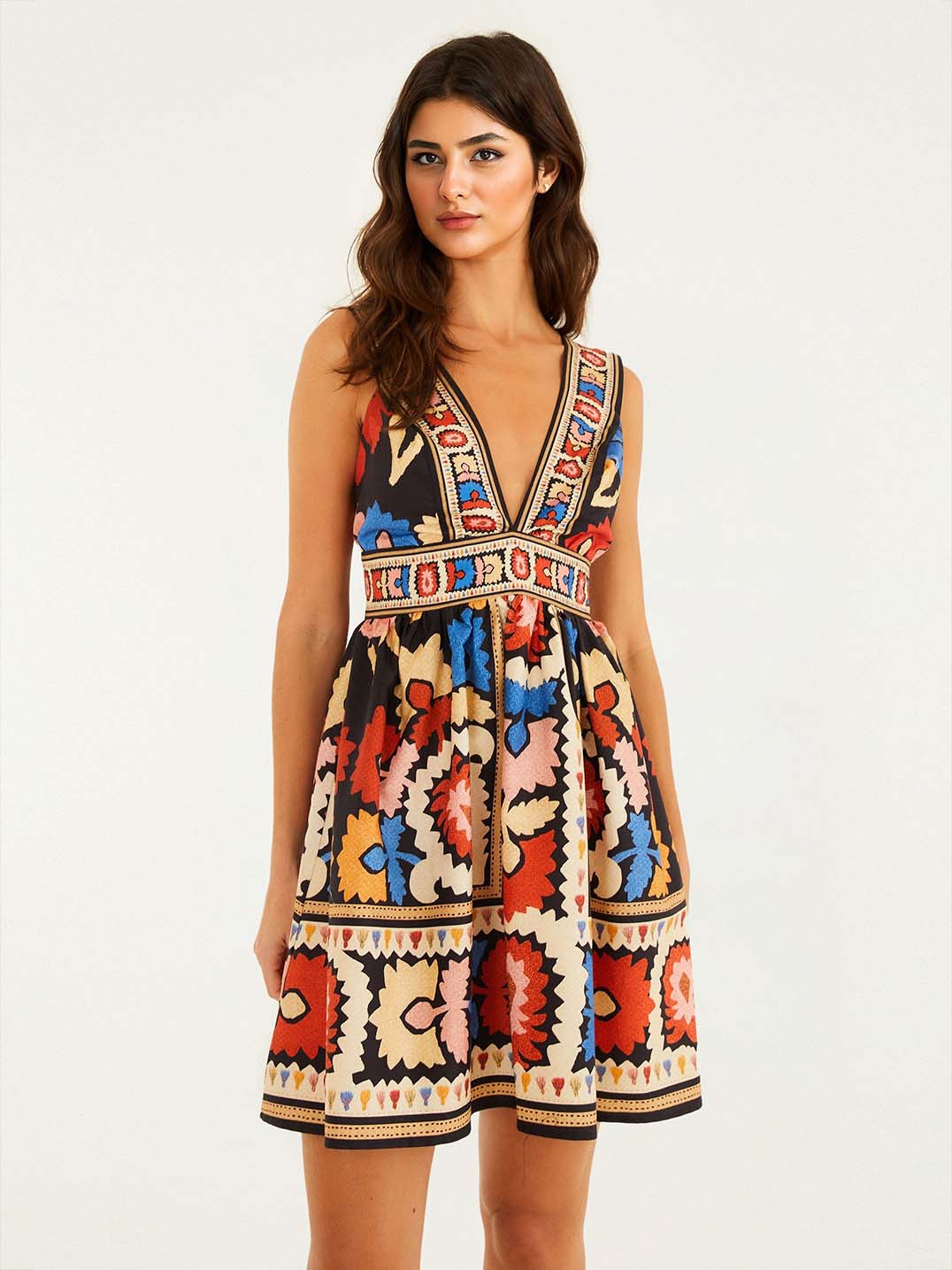 Bohemian Ethnic Print V-Neck Sleeveless Mini Dress