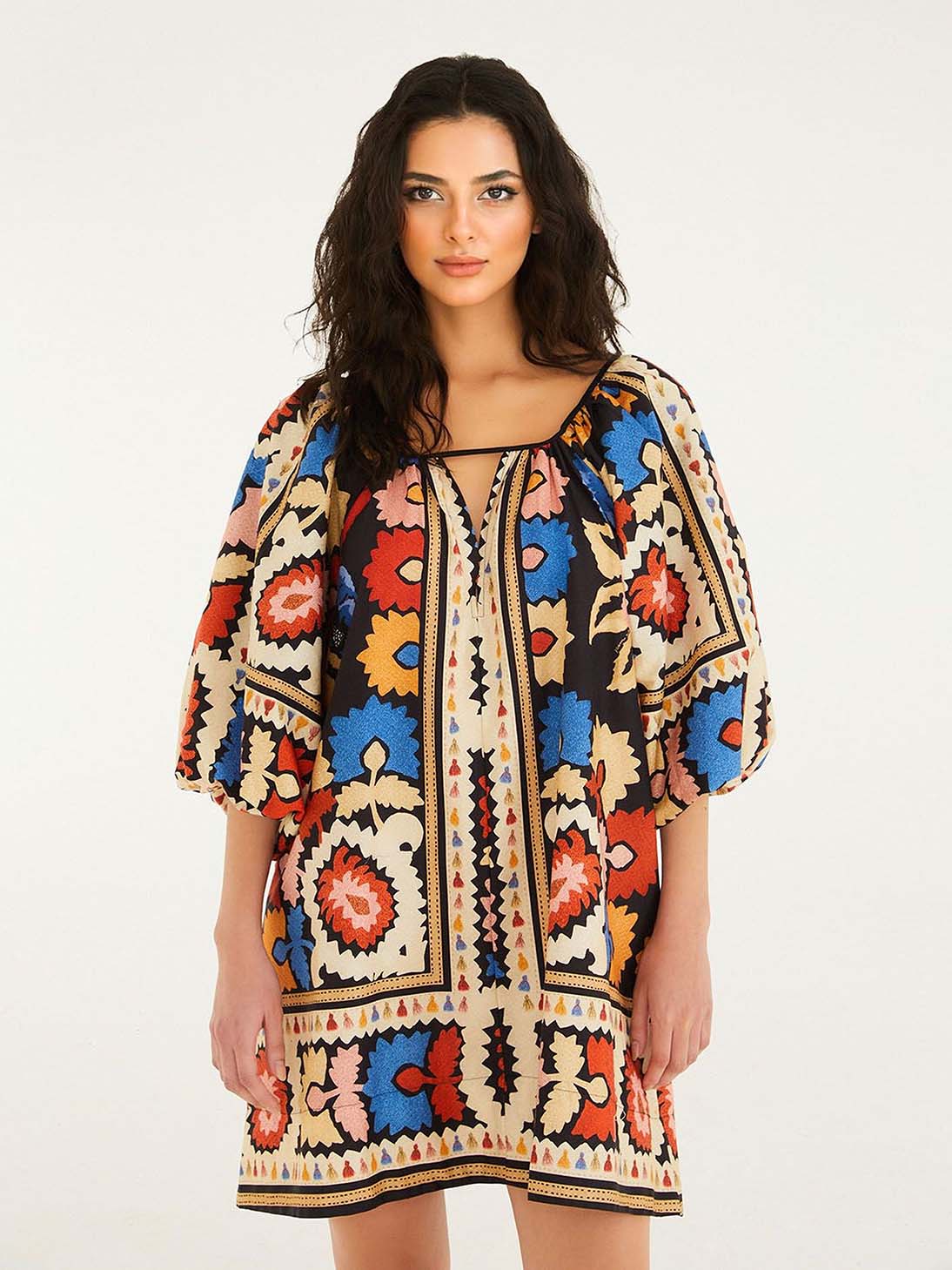Bohemian Style Ethnic Print Short-sleeved Mini Dress