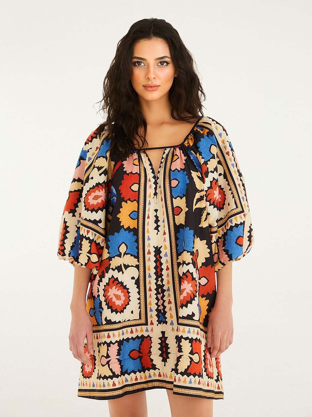 Bohemian Style Ethnic Print Short-sleeved Mini Dress