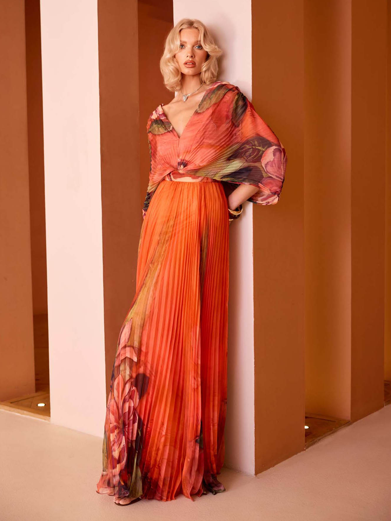 Elegant Floral Chiffon Pleated Midi Skirt Two-piece Set