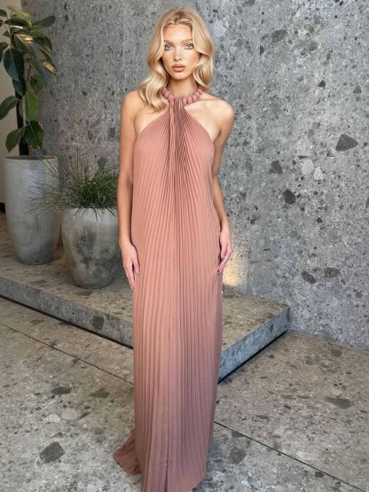 Elegant Pleated Halter Neck Maxi Dress