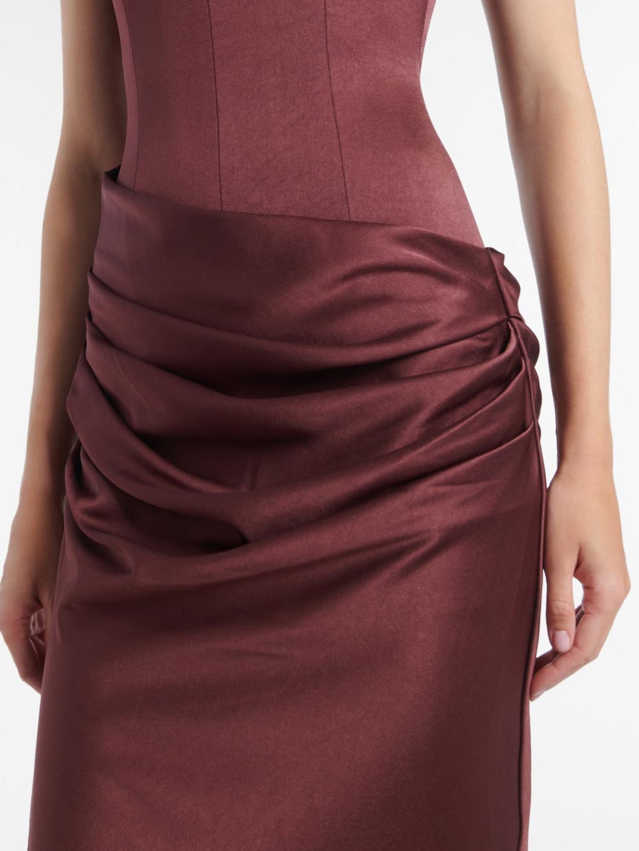 Elegant Strapless Corset Draped Satin Maxi Dress